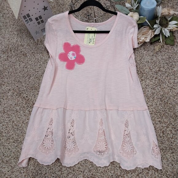 Handmade Tops - 3574 Size Medium Upcycled Cotton Poly Blend Pink Tunic Top.